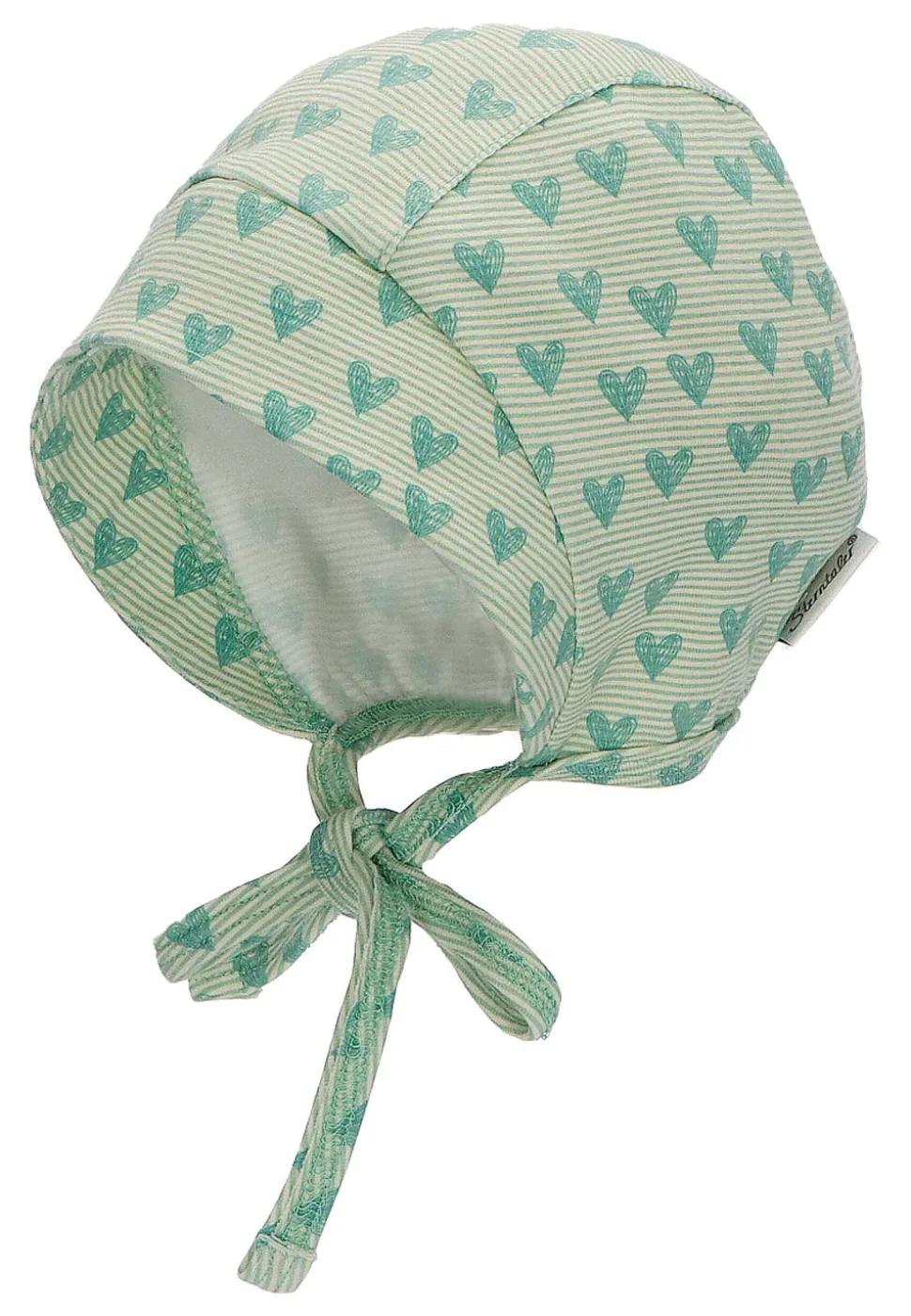 Häubchen mit Herzen Print aus Jersey und Bindeband