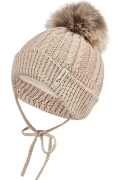 Strickmütze mit Zopfmuster & Kunstpelz-Pompon